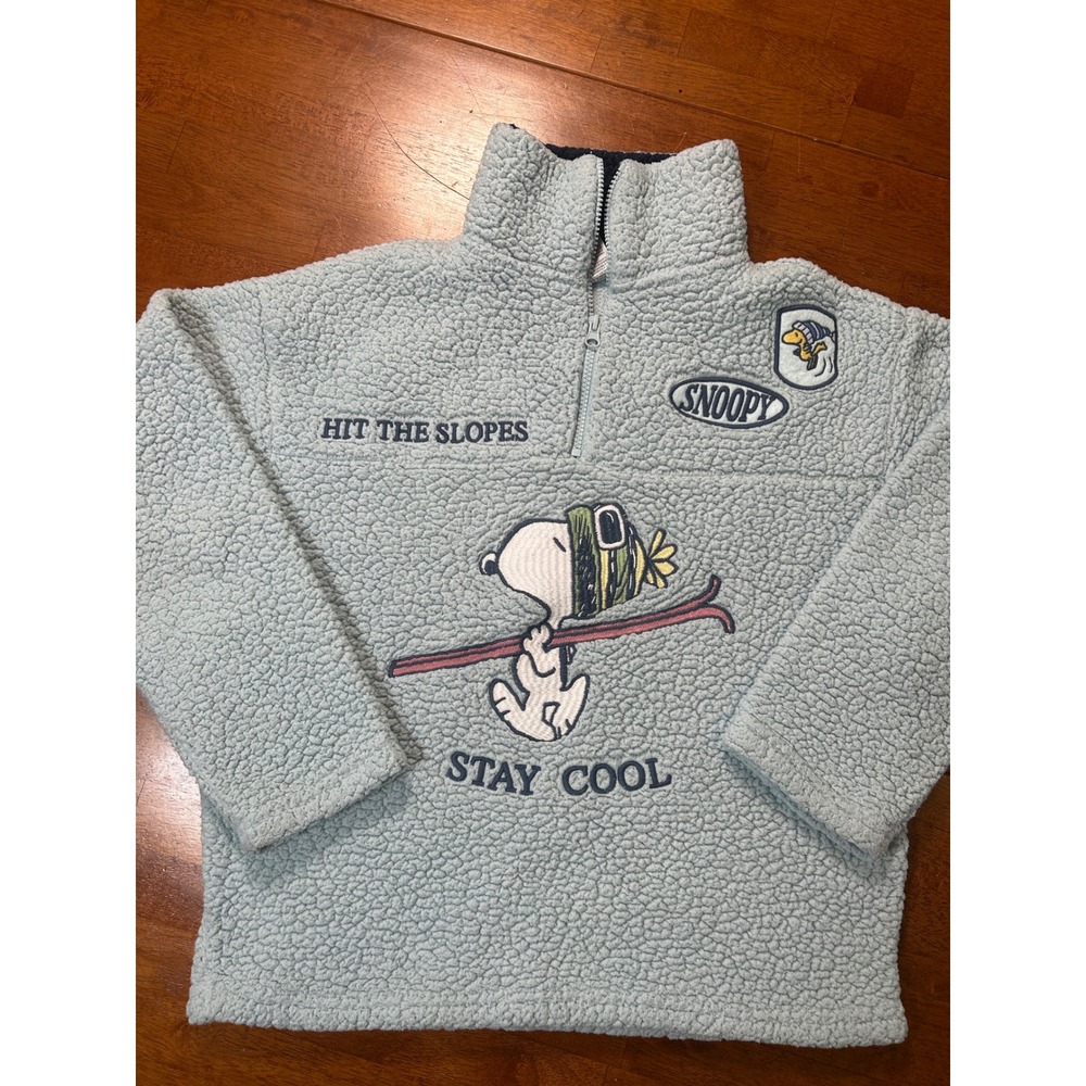 Peanuts Snoopy Sherpa Fleece Pullover Mens Small Light Blue Hit The Slopes